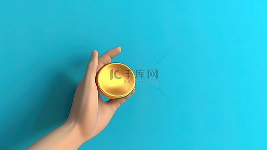 优质金果背景图片_蓝色背景上卡通手投掷金币的 3D 渲染