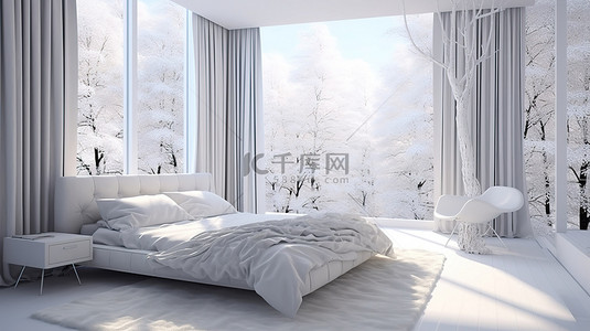 房子房子背景图片_当代白色卧室的简约 3D 渲染，可欣赏广阔的自然景观