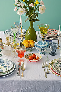 一张蓝色条纹的桌子，上面有装饰菜肴