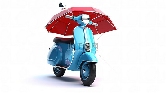 自行车背景图片_白色背景上带有红色金属保护保修盾的老式蓝色摩托车的 3D 渲染
