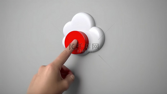 3d 手按纸上的云按钮，用图钉固定在墙上