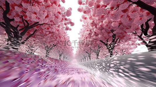 3D 渲染粉红色树隧道，樱花花瓣从右到左层叠