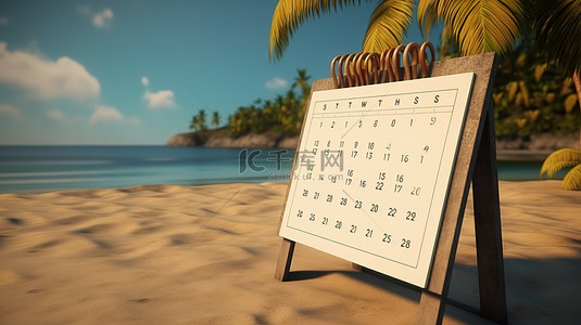 在宁静的海滩上以 3d 形式描绘的空日历