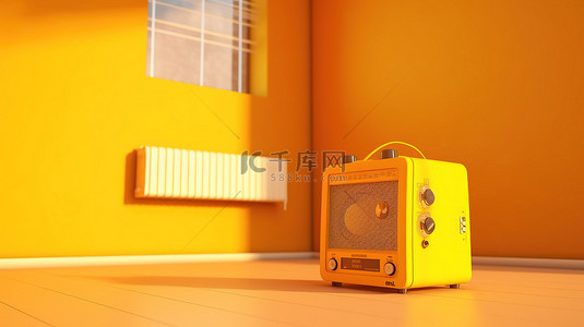 无人居住的黄色房间中收音机的 3D 渲染
