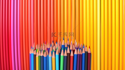 彩虹背景上充满活力的铅笔 3D 渲染，带有文本空间