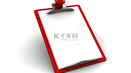带有空白纸和绿色复选标记 3d 的红色剪贴板呈现在白色背景上