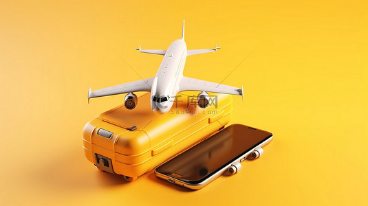 黄色背景与相机飞机智能手机和手提箱的 3d 渲染非常适合旅行概念