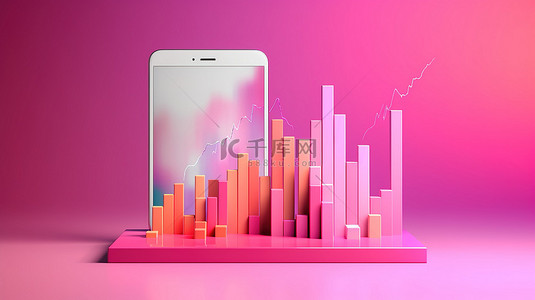 粉红色背景信息图，具有用于移动应用程序和 Web 开发的 3D 条形图
