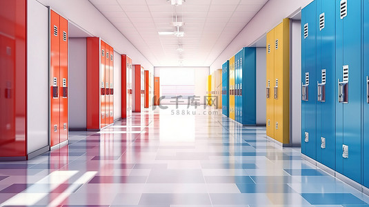储物柜背景背景图片_明亮的学校走廊的 3D 插图，配有储物柜教室门和光滑的地板，配有浅色墙壁和头顶灯