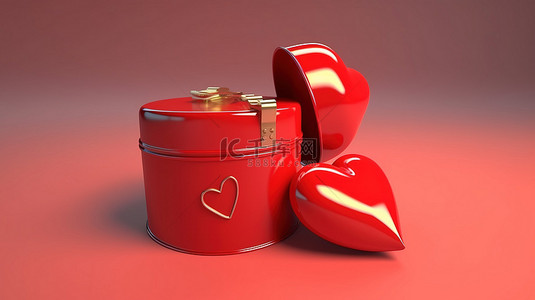 3D 渲染中的一枚硬币和一个红色心形钱盒