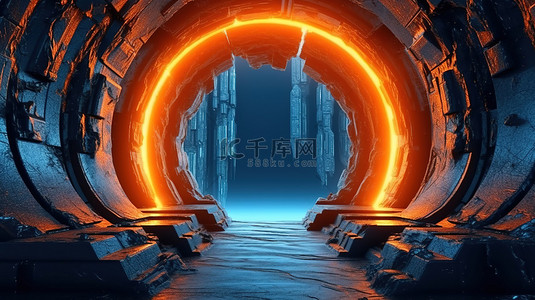 具有抽象能量隧道和外星洞穴的未来科幻门户的 3D 渲染