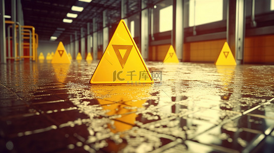 3D 渲染 vechain 警告湿地板标志，带有黄色加密货币危险符号