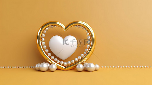 金色的心背景图片_情人节 3D 渲染金色的心和框架