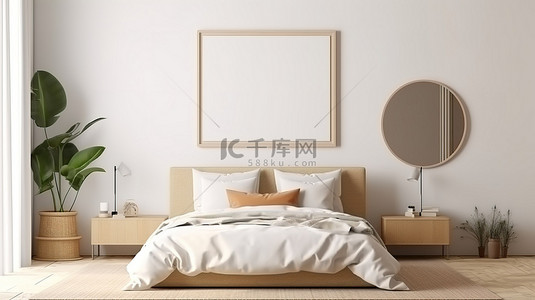 生活卧室背景图片_舒适卧室中铺有棕色毯子的框架模型的 3D 渲染