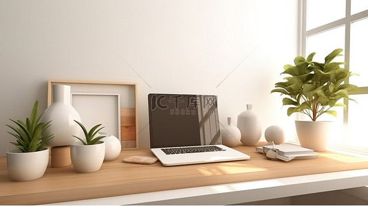 时尚且精简的工作空间，配有便携式平板电脑键盘和木桌 3D 渲染上的装饰
