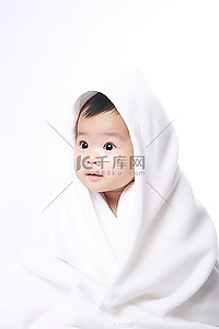 白色背景中裹着毯子的婴儿
