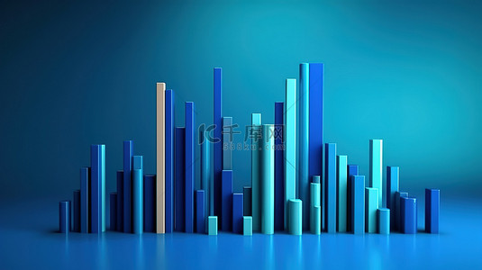柱形数据图表背景图片_条形图上带有高耸柱子的蓝色背景的 3D 插图