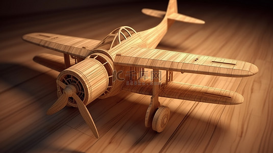 用木头制作的插图 3D 双翼飞机