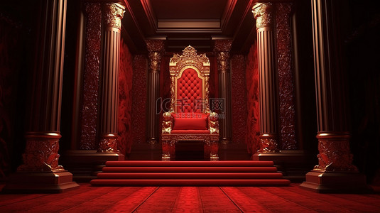 皇家后花园背景图片_带 3D 渲染和红地毯入口的豪华红色皇家王座室