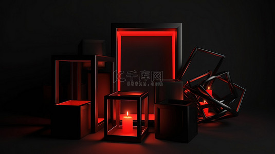 黑色星期五礼品盒和框架灯，采用大胆的红色和黑色 3D 渲染卡通风格商业卡模板