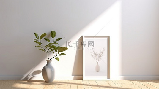 白色相框模拟木地板和阳光照射的树叶在 3D 渲染的白墙上投射阴影