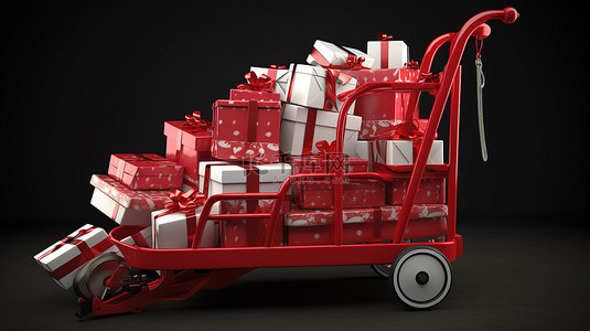圣诞礼车背景图片_堆满红色和白色礼物的 3D 托盘车