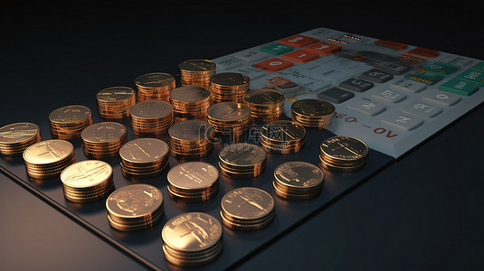 成本管理背景图片_商业设计硬币背景与 3D 渲染投资计算器