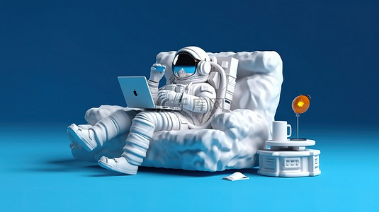 坐在长椅上的人背景图片_太空探索者在笔记本电脑上工作，同时在夜间在沙发上放松，蓝色背景上的 3D 插图
