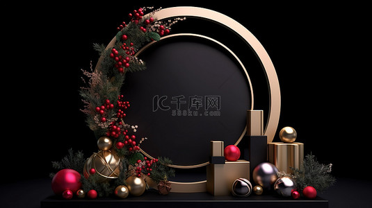 圣诞节框架背景图片_黑色背景舞台，空荡荡的讲台和圣诞主题圆形框架