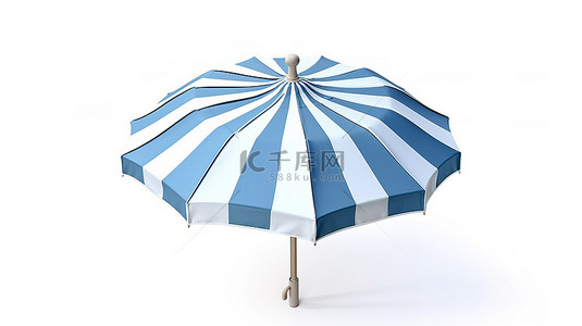 白色背景上蓝色和白色沙滩伞的 3d 渲染