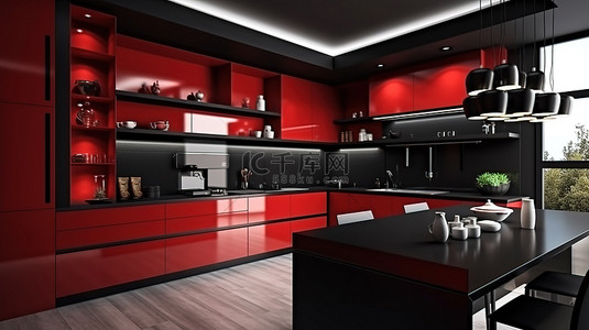 红厨房背景图片_黑暗而大胆的红黑厨房 3D 渲染，具有引人注目的室内设计