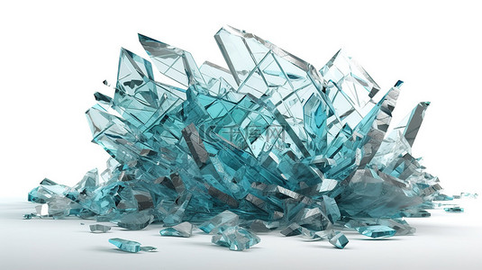 玻璃破碎背景图片_3D 渲染中破碎的玻璃抽象插图隔离在白色的碎片