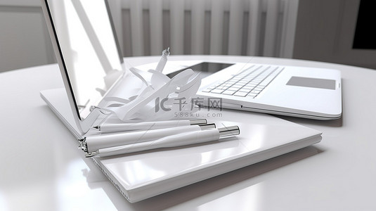 白色文件本样机背景图片_白色 3D 场景，配有笔记本电脑和两支笔