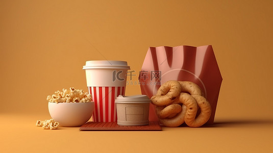 外卖袋背景图片_一对夫妇携带外卖咖啡杯和零食袋的 3D 渲染