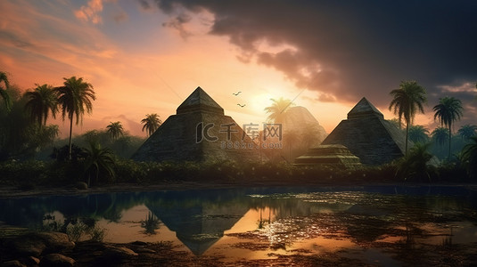 雨林包围古金字塔的日落 3D 插图