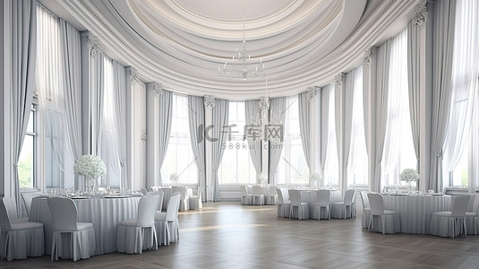 优雅的宴会厅装饰着白色桌子和宏伟的窗帘窗户 3D 渲染