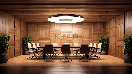 装饰有木板 d cor 的会议空间的 3D 渲染