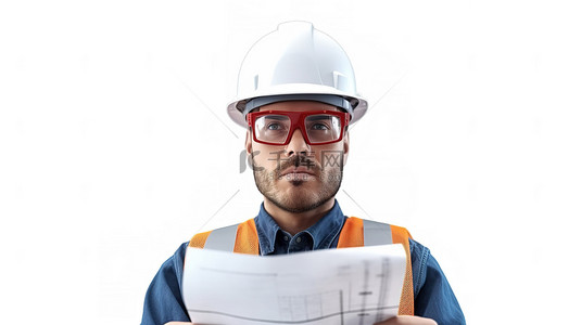 3D 模型建筑师戴着白色头盔通过眼镜检查文件高质量图像