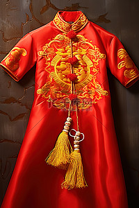 红色中式连衣裙，红黄相间