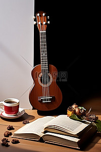 一本书和咖啡旁边的古董乐器