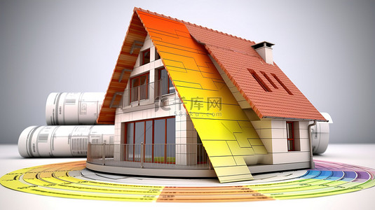 带有评级图表的 3D 蓝图上描绘的节能房屋