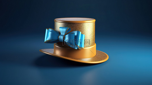 优雅礼帽背景图片_3D 渲染中带有蓝丝带和金色装饰的迷人高顶礼帽