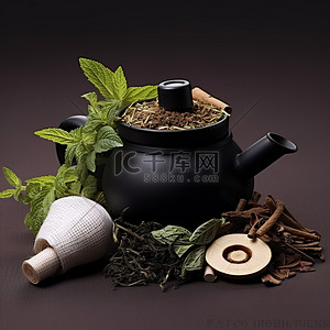 福背景图片_一个黑色的茶壶，里面有几种草药