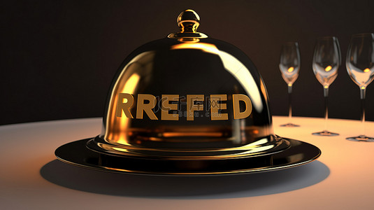 餐饮美食标志背景图片_餐厅钟形饰物上黑金“保留”标志的 3d 渲染
