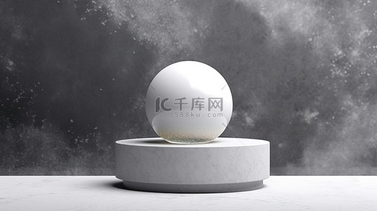透明的雪球放置在 3D 渲染的深色混凝土基座上的光滑白色托盘上