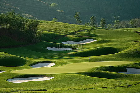 高尔夫球场围绕着一座小山，绿草环绕着倾斜的景观