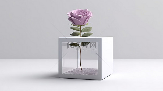 带有美丽紫色玫瑰花的白色玻璃展示立方体的 3D 渲染