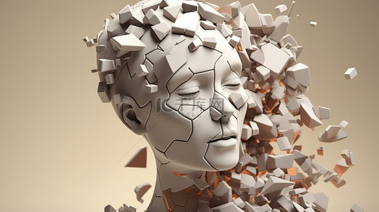 问题背景图片_女性头部概念 3D 插图中描绘的被粉碎的问题