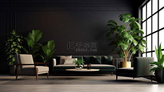 时尚的客厅配有沙发扶手椅咖啡桌和郁郁葱葱的绿色植物 3D 渲染