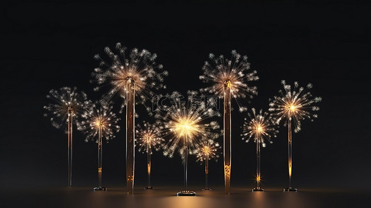 节日快乐设计背景图片_壮观的烟花照亮了夜空，在灰色背景上使用玻璃设计元素进行逼真的 3D 渲染